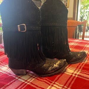 🌹GORGEOUS Dan Post Black Fringe Rose Embroidered -WILD SOUL- Boots